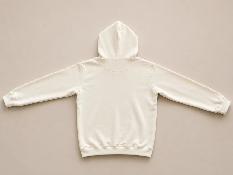Widok tylnej części bluzy hoodie w kolorze ecru. Gładki design i wysokiej jakości materiał sprawiają, że bluza doskonale wpisuje się w estetykę minimalistycznej odzieży premium.