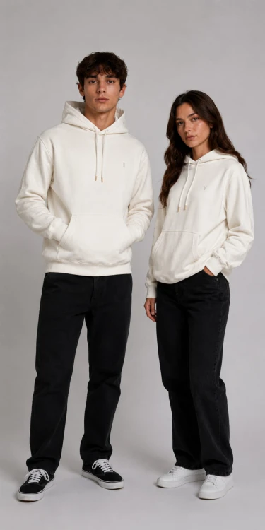 Uniwersalna bluza hoodie unisex w kolorze ecru dla kobiet i mężczyzn. Minimalistyczny fason, wysoka jakość materiału oraz wygodny krój tworzą idealną bluzę premium do codziennego noszenia.